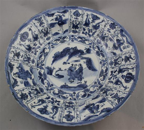 A Chinese Kraak large blue and white dish, c.1640, 35.5cm, two rim cracks